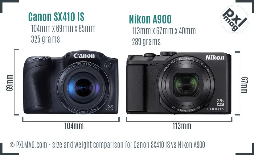 Canon SX410 IS vs Nikon A900 size comparison
