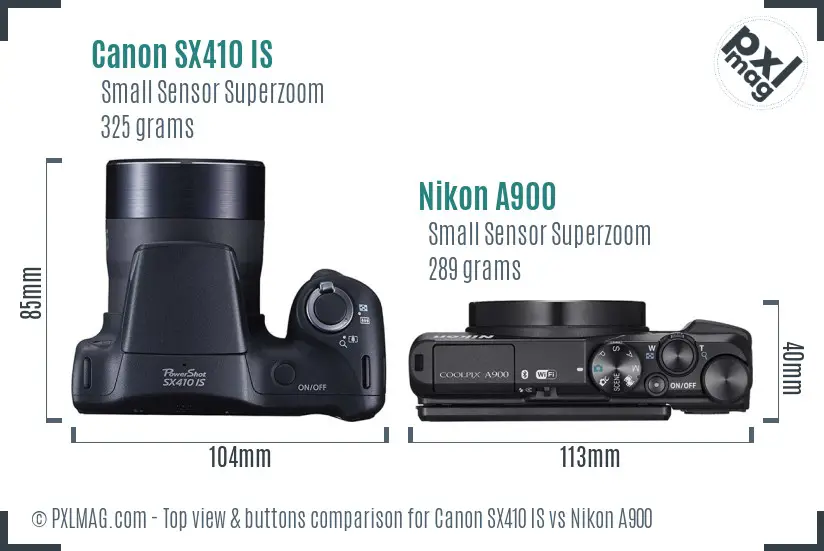 Canon SX410 IS vs Nikon A900 top view buttons comparison