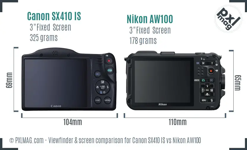 Canon SX410 IS vs Nikon AW100 Screen and Viewfinder comparison