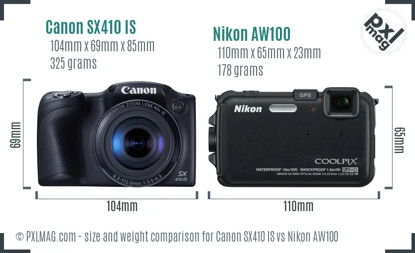 Canon SX410 IS vs Nikon AW100 size comparison