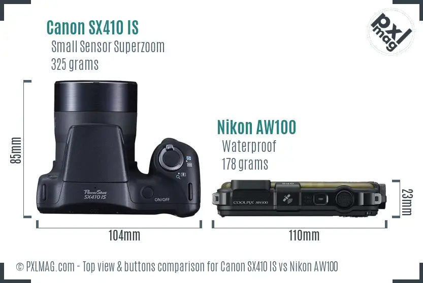 Canon SX410 IS vs Nikon AW100 top view buttons comparison