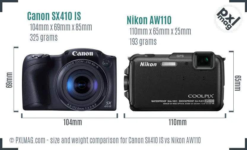 Canon SX410 IS vs Nikon AW110 size comparison Canon SX410 IS vs Nikon AW110 size comparison