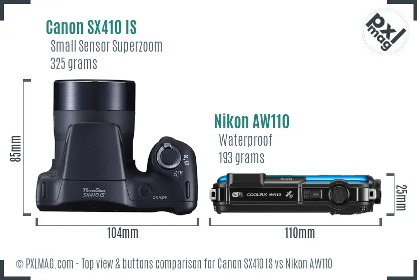 Canon SX410 IS vs Nikon AW110 top view buttons comparison Canon SX410 IS vs Nikon AW110 top view buttons comparison