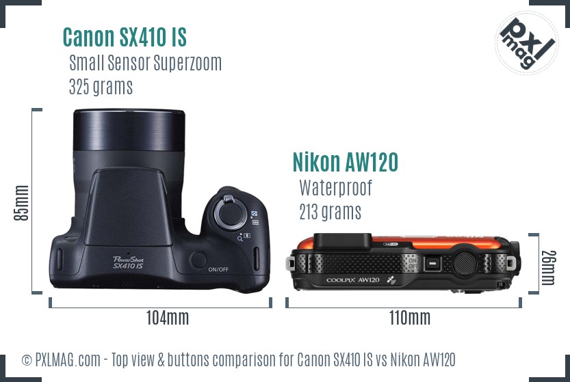 Canon SX410 IS vs Nikon AW120 top view buttons comparison