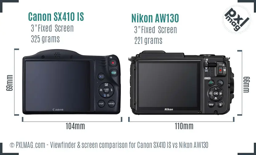 Canon SX410 IS vs Nikon AW130 Screen and Viewfinder comparison