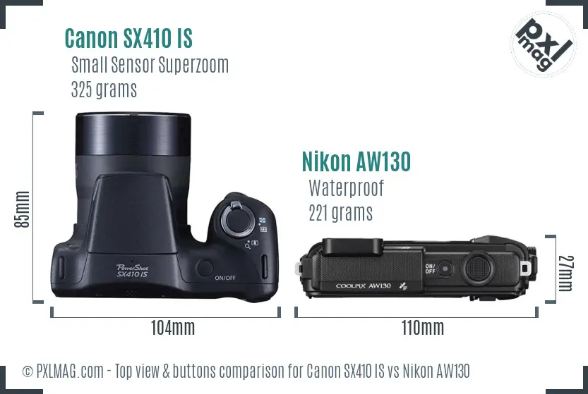 Canon SX410 IS vs Nikon AW130 top view buttons comparison