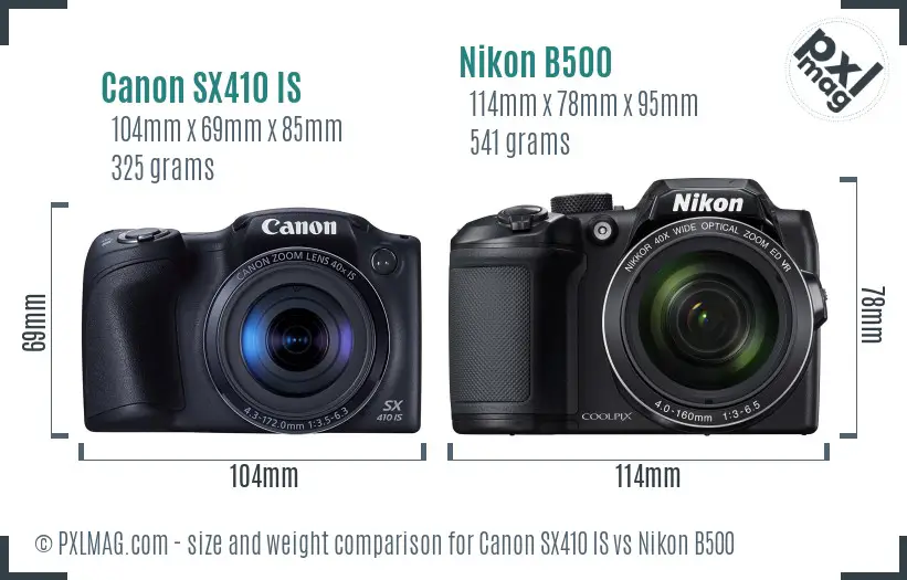 Canon SX410 IS vs Nikon B500 size comparison