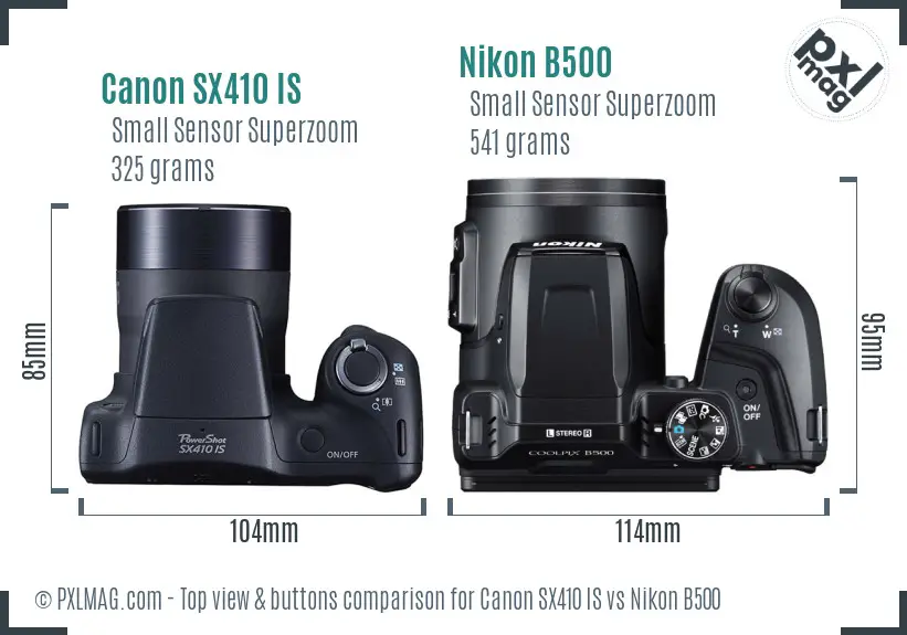 Canon SX410 IS vs Nikon B500 top view buttons comparison