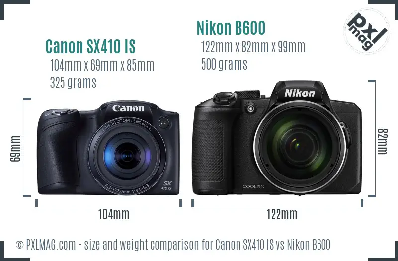 Canon SX410 IS vs Nikon B600 size comparison