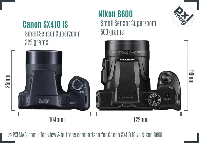 Canon SX410 IS vs Nikon B600 top view buttons comparison