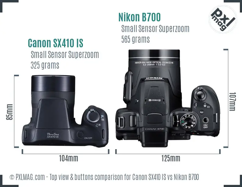 Canon SX410 IS vs Nikon B700 top view buttons comparison Canon SX410 IS vs Nikon B700 top view buttons comparison