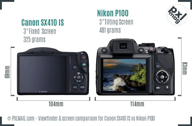 Canon SX410 IS vs Nikon P100 Screen and Viewfinder comparison