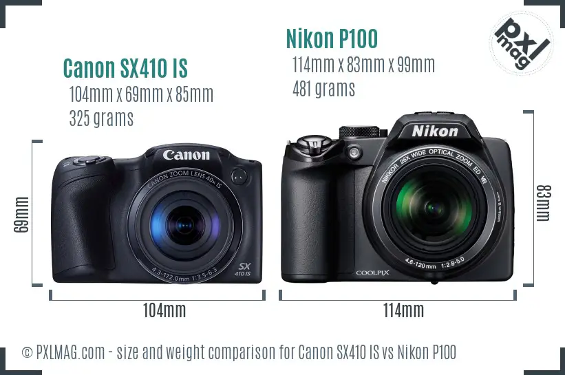 Canon SX410 IS vs Nikon P100 size comparison