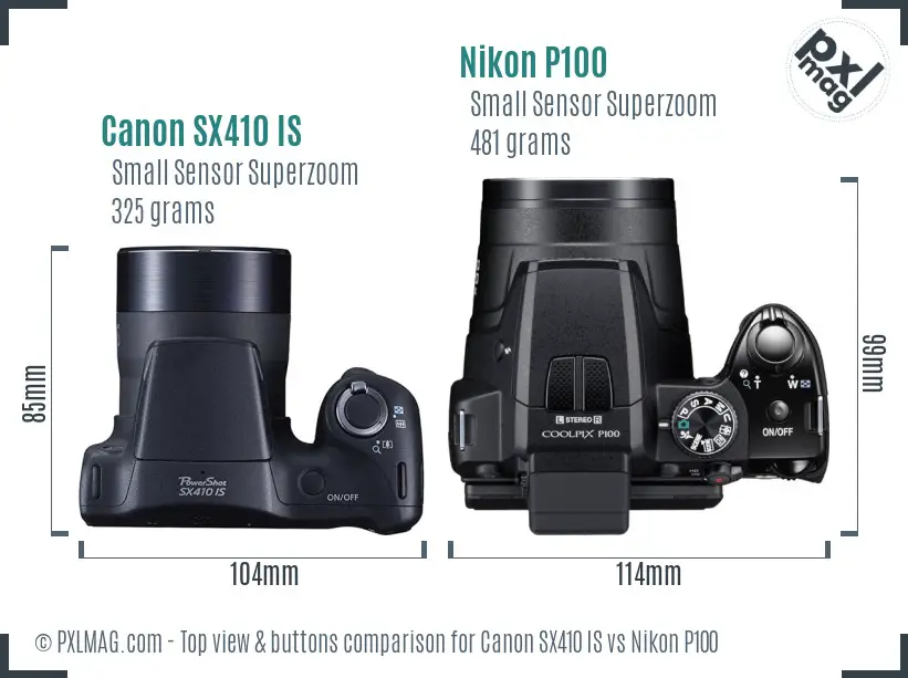 Canon SX410 IS vs Nikon P100 top view buttons comparison