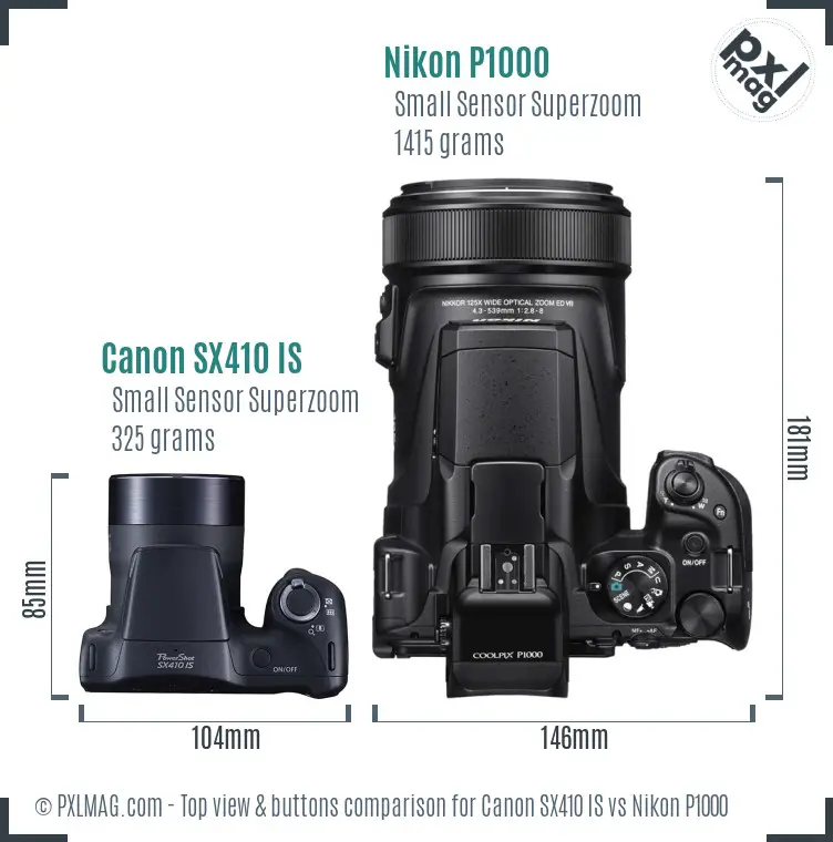 Canon SX410 IS vs Nikon P1000 top view buttons comparison Canon SX410 IS vs Nikon P1000 top view buttons comparison