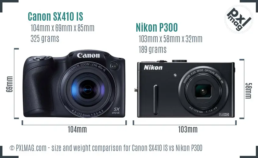 Canon SX410 IS vs Nikon P300 size comparison