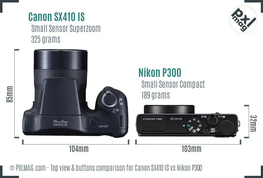 Canon SX410 IS vs Nikon P300 top view buttons comparison