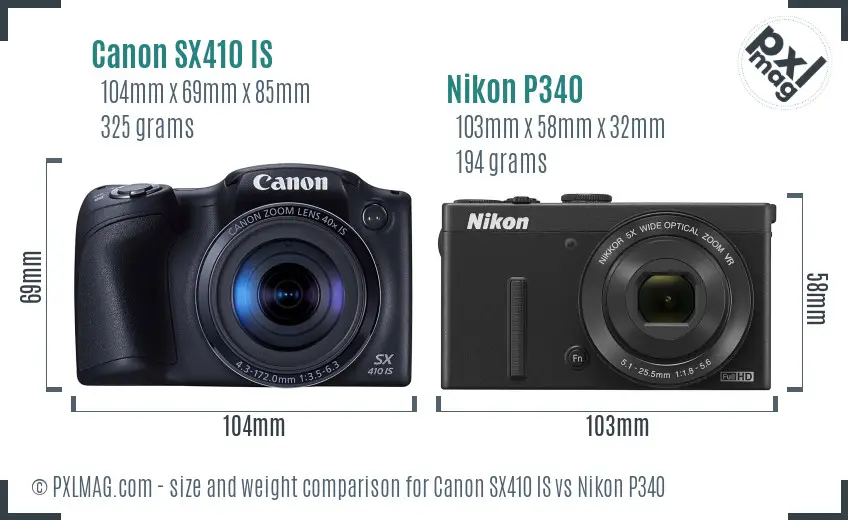 Canon SX410 IS vs Nikon P340 size comparison