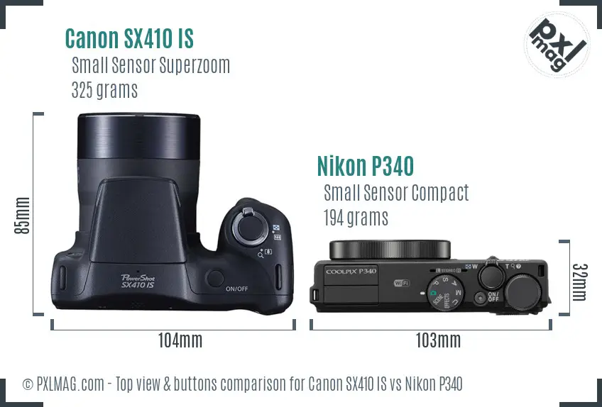 Canon SX410 IS vs Nikon P340 top view buttons comparison