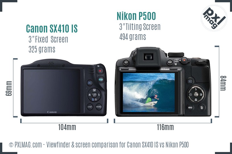 Canon SX410 IS vs Nikon P500 Screen and Viewfinder comparison