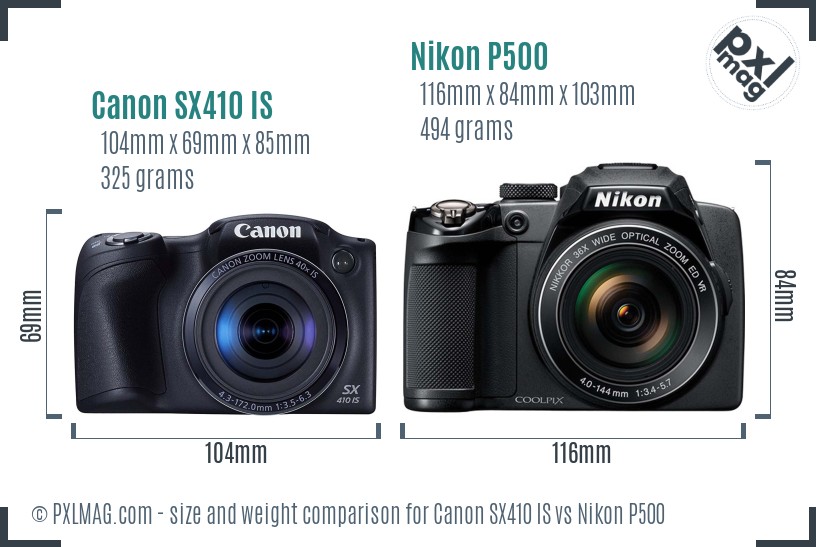 Canon SX410 IS vs Nikon P500 size comparison