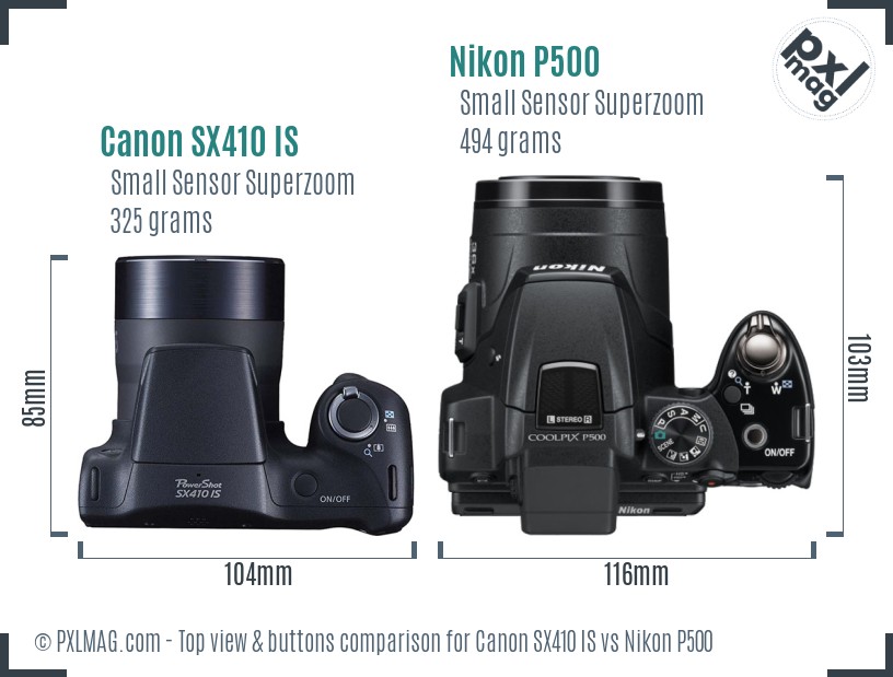Canon SX410 IS vs Nikon P500 top view buttons comparison