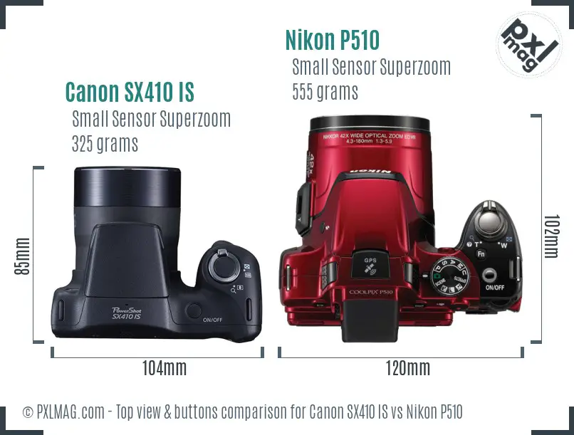 Canon SX410 IS vs Nikon P510 top view buttons comparison