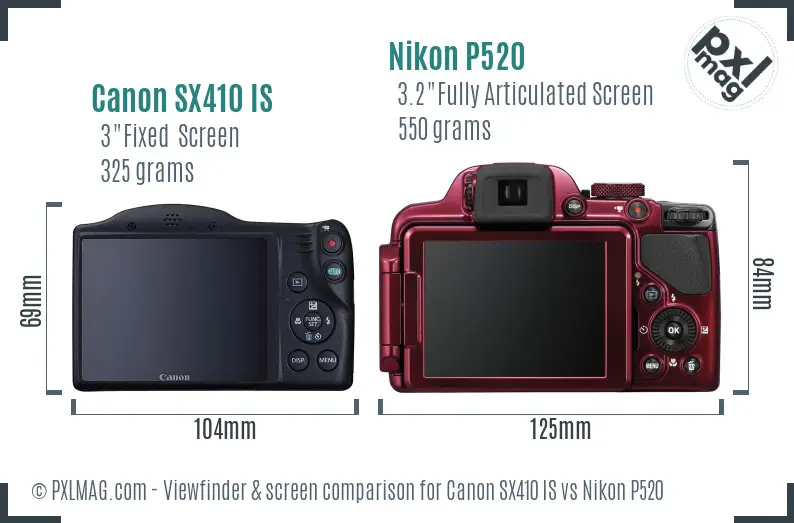 Canon SX410 IS vs Nikon P520 Screen and Viewfinder comparison