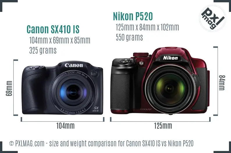Canon SX410 IS vs Nikon P520 size comparison