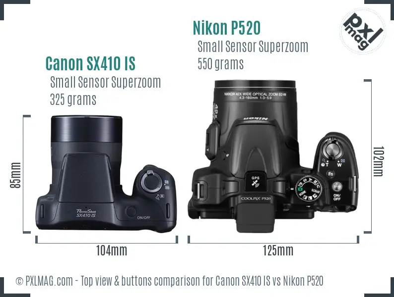Canon SX410 IS vs Nikon P520 top view buttons comparison
