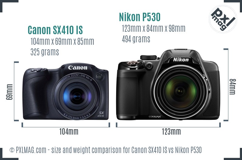 Canon SX410 IS vs Nikon P530 size comparison
