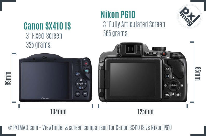 Canon SX410 IS vs Nikon P610 Screen and Viewfinder comparison