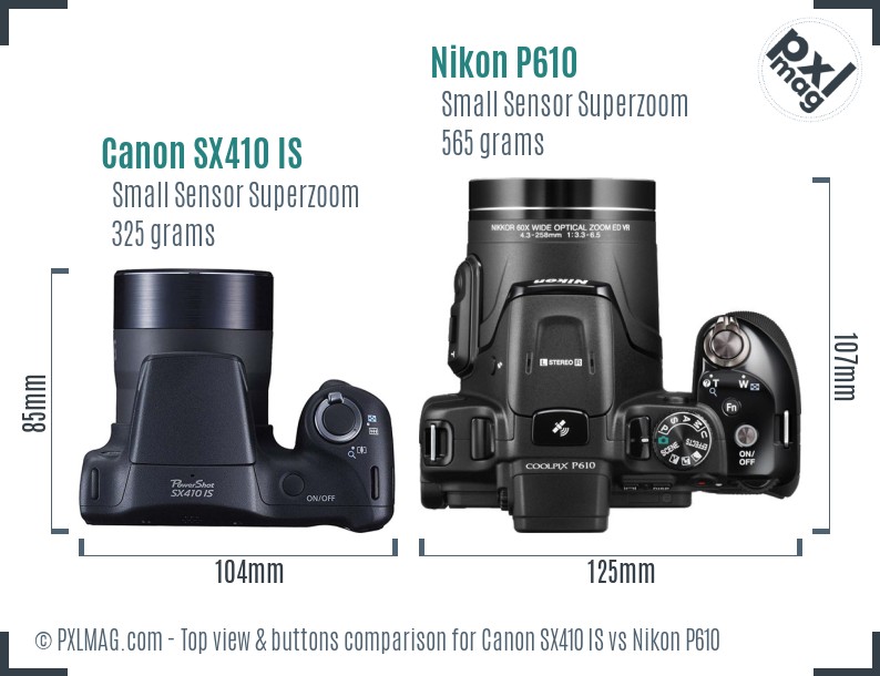 Canon SX410 IS vs Nikon P610 top view buttons comparison