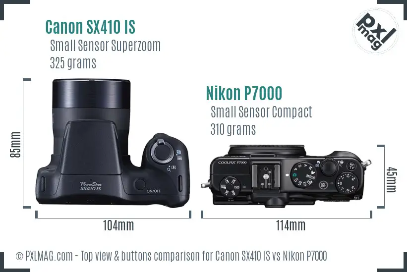 Canon SX410 IS vs Nikon P7000 top view buttons comparison