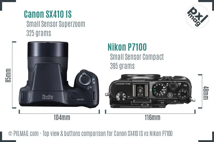 Canon SX410 IS vs Nikon P7100 top view buttons comparison