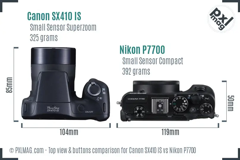 Canon SX410 IS vs Nikon P7700 top view buttons comparison