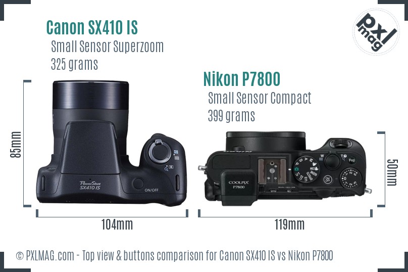 Canon SX410 IS vs Nikon P7800 top view buttons comparison