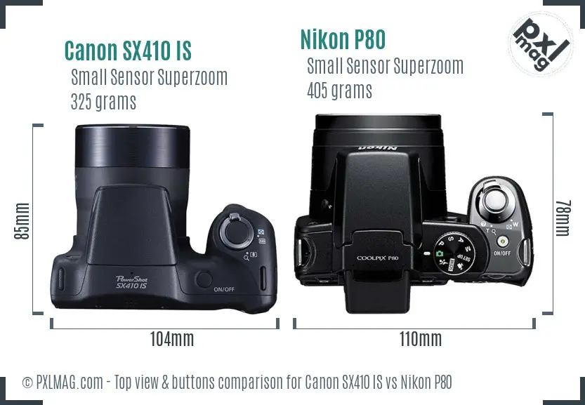 Canon SX410 IS vs Nikon P80 top view buttons comparison
