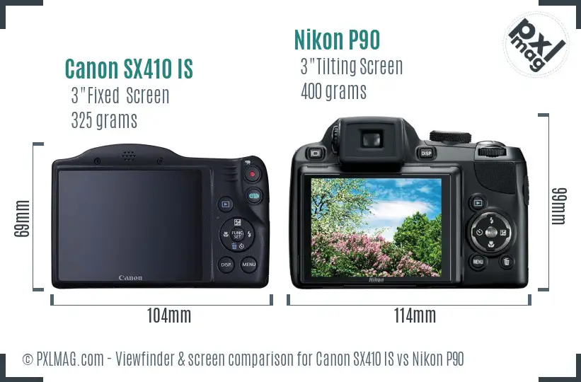 Canon SX410 IS vs Nikon P90 Screen and Viewfinder comparison