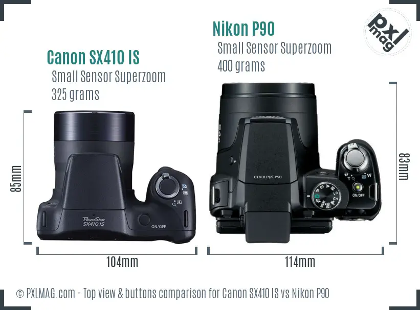 Canon SX410 IS vs Nikon P90 top view buttons comparison