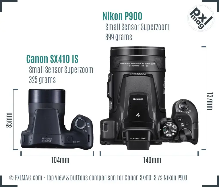 Canon SX410 IS vs Nikon P900 top view buttons comparison