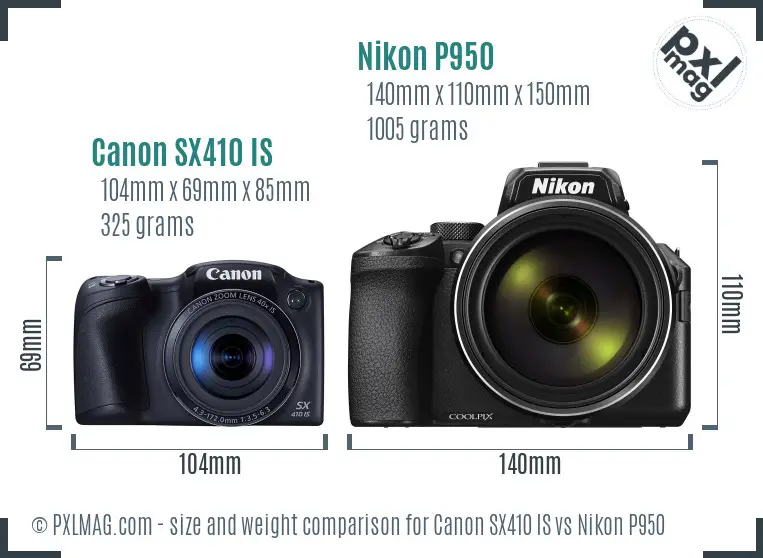 Canon SX410 IS vs Nikon P950 size comparison