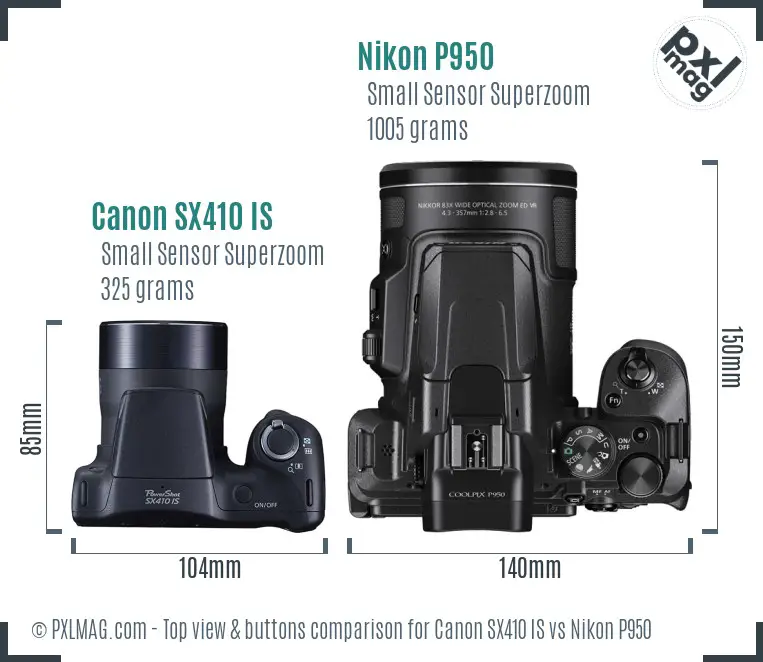 Canon SX410 IS vs Nikon P950 top view buttons comparison