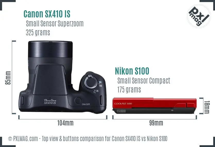 Canon SX410 IS vs Nikon S100 top view buttons comparison
