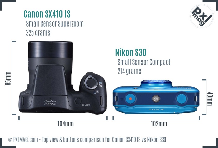Canon SX410 IS vs Nikon S30 top view buttons comparison