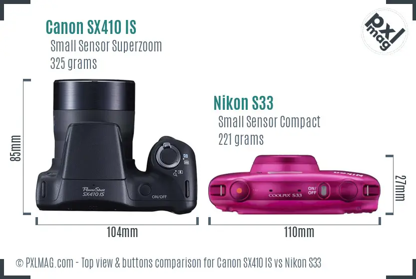 Canon SX410 IS vs Nikon S33 top view buttons comparison