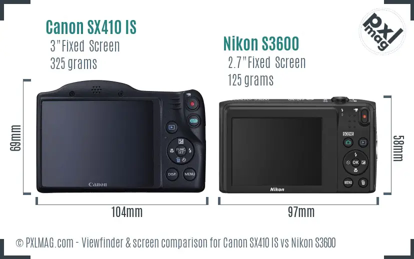 Canon SX410 IS vs Nikon S3600 Screen and Viewfinder comparison