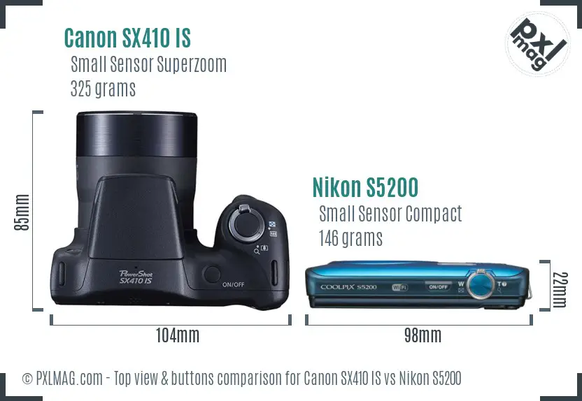 Canon SX410 IS vs Nikon S5200 top view buttons comparison