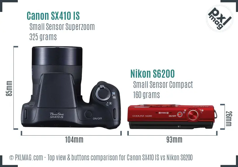 Canon SX410 IS vs Nikon S6200 top view buttons comparison