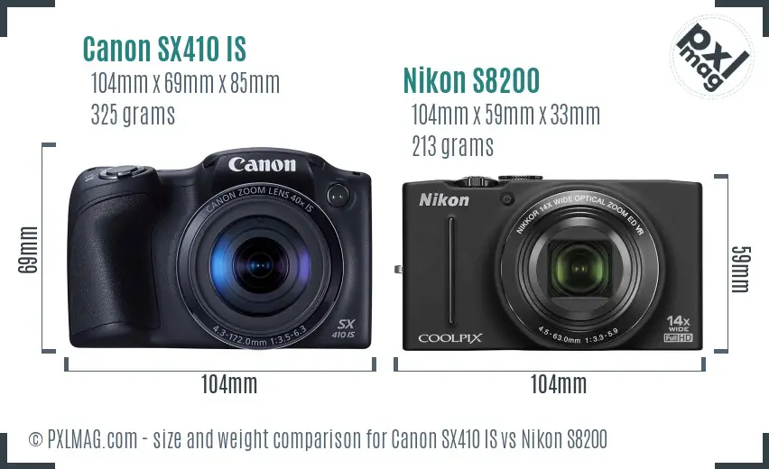 Canon SX410 IS vs Nikon S8200 size comparison